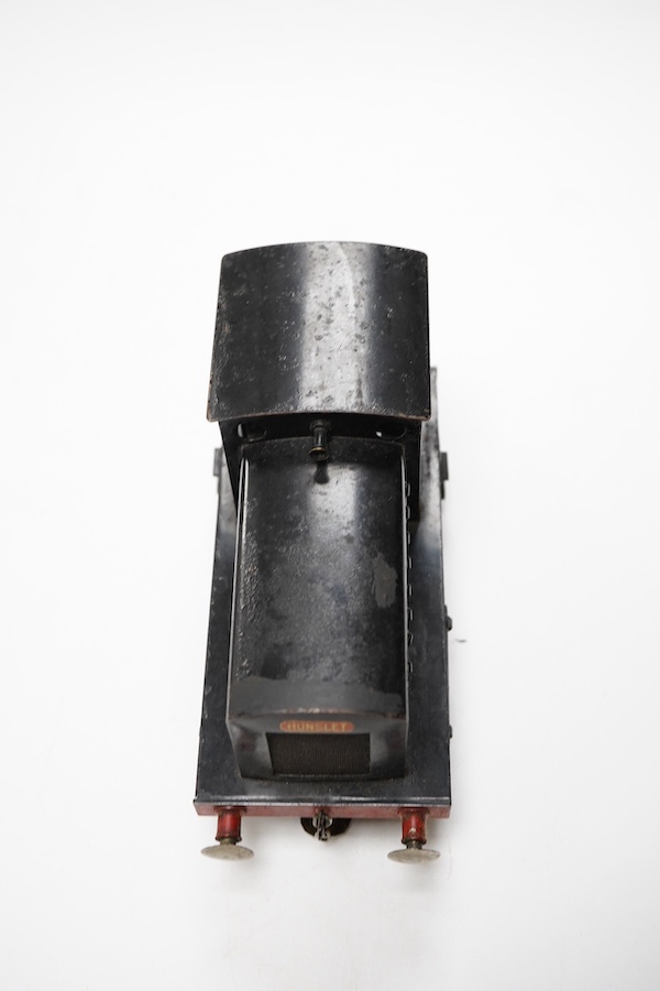 An 0 gauge railway tinplate Bonds 0-6-0 diesel Hunslet shunter, 4, for 3-rail running, with alterations to the motor and a new centre shoe adaptation